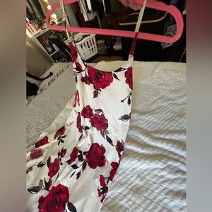 Satin red flower slit dress!